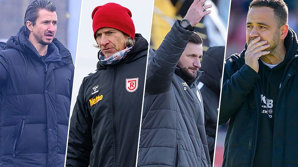 Hoffen auf einen erfolgreichen Frühjahrsauftakt (von links): Die Cheftrainer Michael Riester (Weiden), Christoph Jank (Jahn II), Dominic Rühl (Gebenbach) und Faruk Maloku (Cham). – Fotos: Redaktion Schwandorf, Niklas vom Ende, Mario Wiedel, Wolfgang Zink