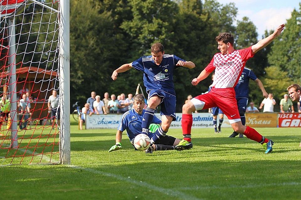 Fünf Mal musste Riedenburgs Schlussmann Pöppel (i. unten) im Gastspiel beim TB Roding hinter sich greifen. F: Tschannerl