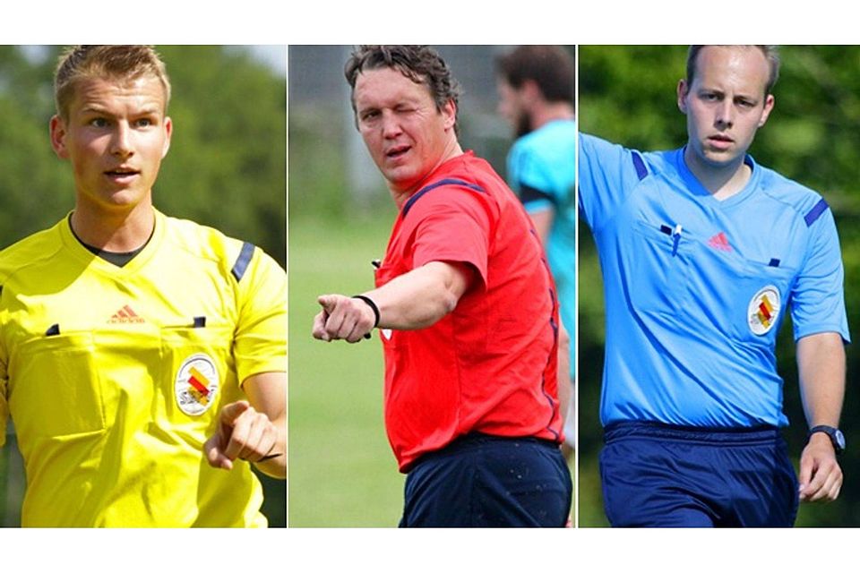 "Gewissermaßen in die Wiege gelegt": Ralf Brombacher (Mitte) und seine Söhne David (links), der Bezirksliga pfeift, und Jonas, der schon als 18-Jähriger in die Oberliga berufen wurde. | Fotos: Matthias Konzok (2) und Uwe Rogowski