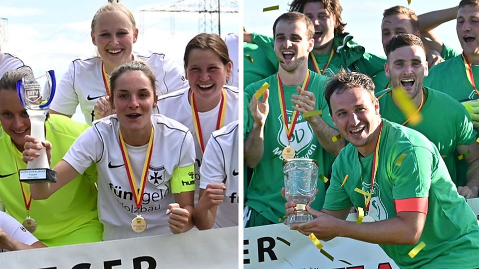 Ein Finaltag, zwei glückliche Pokalsieger: die Fußballerinnen des FC Heitersheim und die Kicker des SV Mundingen | Fotos: Achim Keller