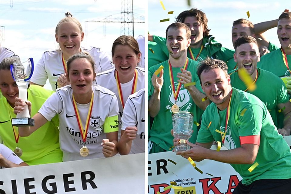 Ein Finaltag, zwei glückliche Pokalsieger: die Fußballerinnen des FC Heitersheim und die Kicker des SV Mundingen | Fotos: Achim Keller