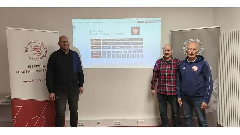1-2-4-8-: So lautet das vom Hessischen Fußball-Verband bevorzugte Ligamodell für den künftigen Spielbetrieb von der Hessen- bis zur Gruppenliga, das v. l. Matthias Schmelz (Verbandsfußballwart), Hartmut Schwöbel (Stellvertretender Verbandsfußballwart) und Dirk Vereeken (Verbandsausschuss für Spielbetrieb und Fußballentwicklung) an diesem Montag in Grünberg vorstellen. © André Besler