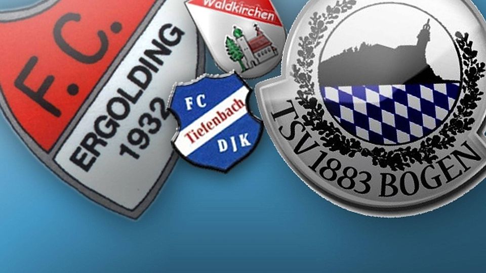 Die Teams der Gruppe B: FC Ergolding, FC-DJK Tiefenbach, TSV Waldkirchen und TSV Bogen. Montage: FuPa