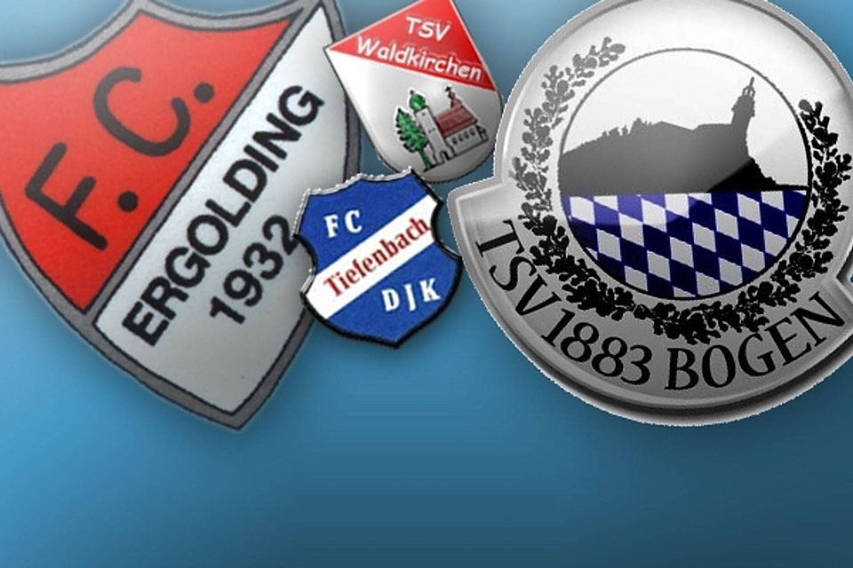 Die Teams der Gruppe B: FC Ergolding, FC-DJK Tiefenbach, TSV Waldkirchen und TSV Bogen. Montage: FuPa