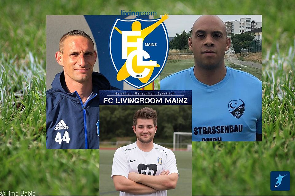 Das neue Trainerteam des FC livingroom Mainz besteht aus Pascale Dieges (Cheftrainer, links), Eugene Bass (spielender Co-Trainer, rechts) und Adrian Schubert (Torwarttrainer, mittig)