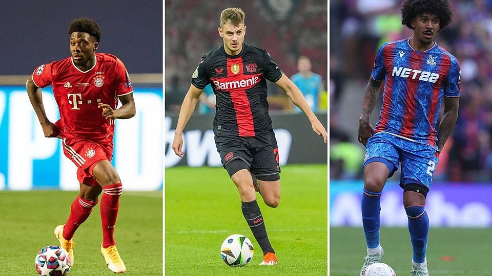 Alphonso Davies (l.) gewann mit dem FCB 2020 die Champions-League. Josip Stanisic (m.) wurde mit Leverkusen ungeschlagener Meister und Chris Richards (r.) spielt mit Crystal Palace in der Premier League.