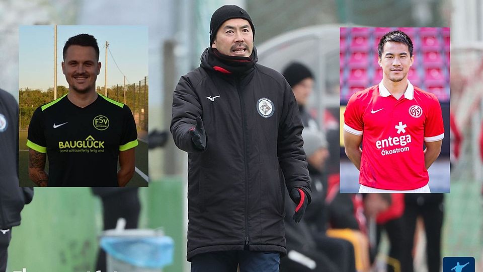 Basara-Chef Takashi Yamashita (Mitte) verabschiedet sich von Marco Streker (links) und begrüßt Shinji Okazaki (rechts). 