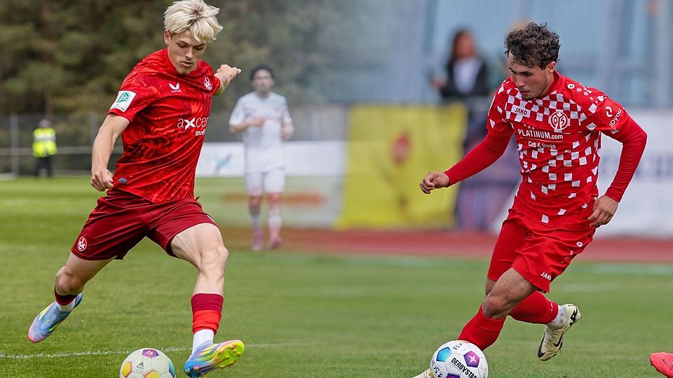Im U19-Pokalfinale im direkten Duell: FCK-Mittelfeldmann Maddox Stadel und Mainz-05-Angreifer Raul König.