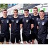 Die bisherigen Neuzugänge des SSV Ulm 1846 Fußball für die Saison 2019/2020 (von links): Burak Coban, Thomas Geyer, Lukas Lämmel, Angelo Rinaldi, Michael Heilig, Alessandro Abruscia und Haris Hyseni.