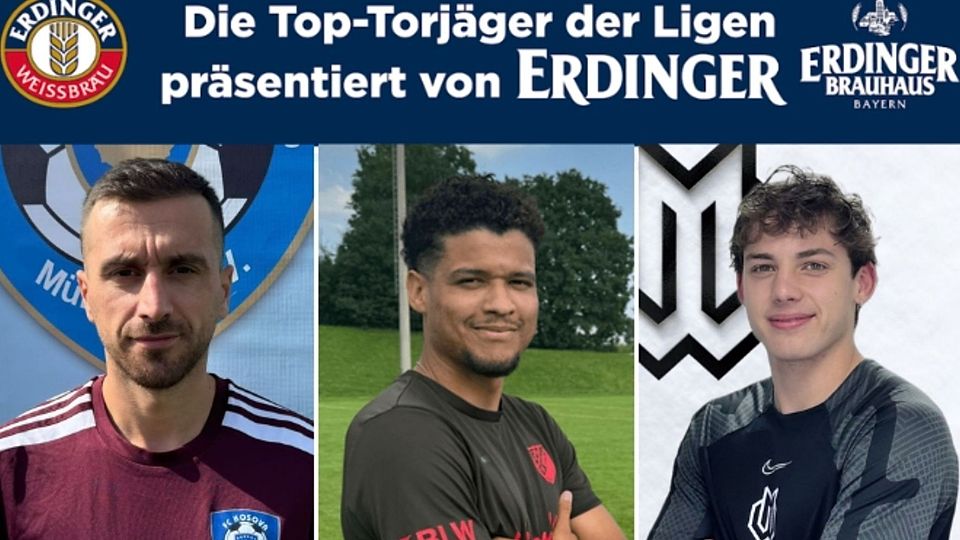 Luan da Costa Barros muss sich den Titel "bester Torjäger der Münchner Kreisligen" aktuell mit Shqipdon Ademi (l.) und Balthasar Auspurg (r.) teilen.