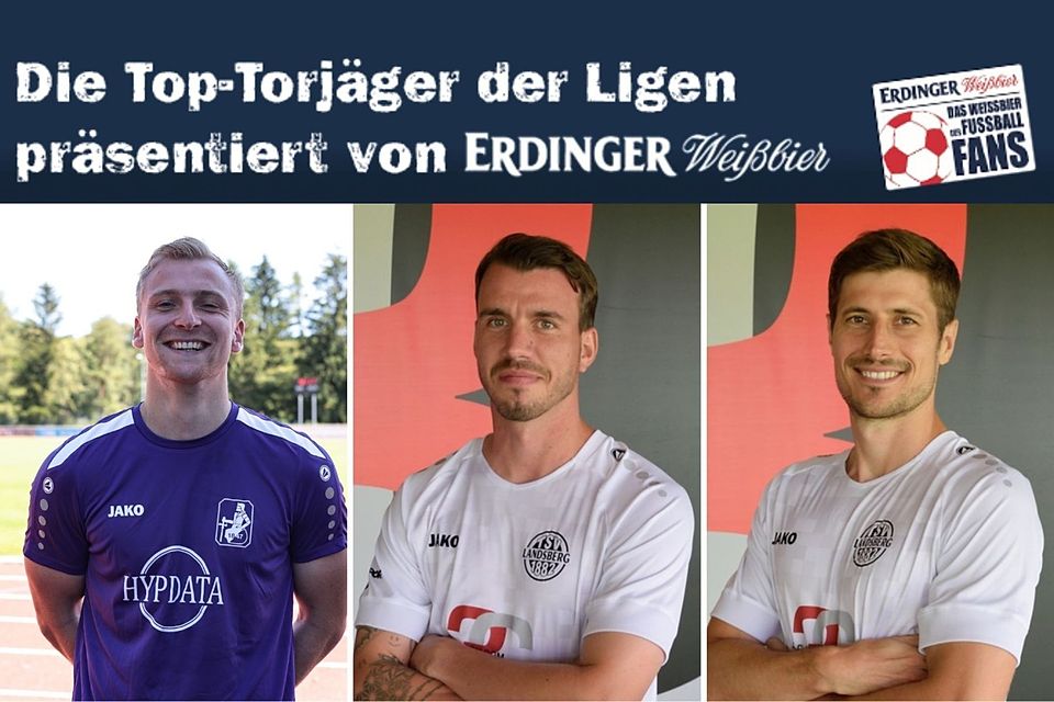Nico Karger (Mi.) führt die Torjägerliste der Bayernliga Süd vor Jonas Greppmeir (li.) und Steffen Krautschneider (re.) an. – Foto: FuPa