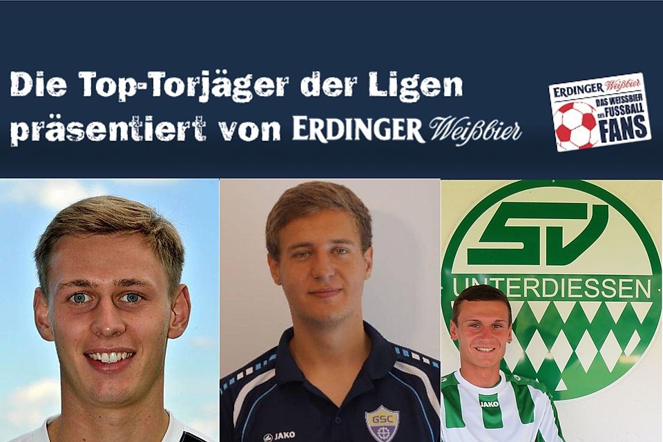 Ferdinand Brauchle (WSV Unterammergau), Sebastian Lebek (Gautinger SC) und Michael Müller (SV Unterdießen, v.l.n.r.) sind die besten Torschützen der Kreisklassen Zugspitze.