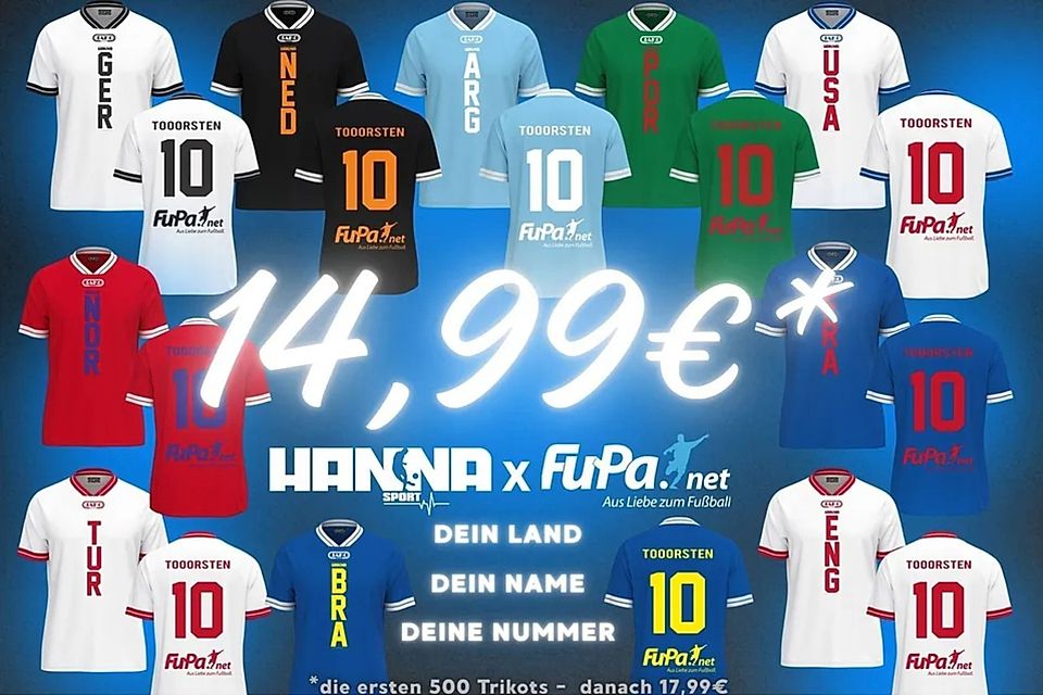 Für weniger als 15 Euro erhaltet ihr Euer individuelles Trikot mit FuPa-Logo. 