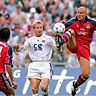 Ein Glanzlicht der Karriere: Jörg Bergen (Mitte) beim 0:1 am dritten Bundesligaspieltag 1999 im Olympiastadion vor 63 000 Zuschauern gegen den FC Bayern mit Roque Santa Cruz (l.) und Carsten Jancker.