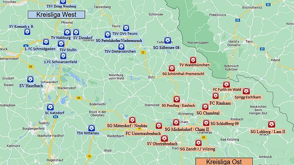 Die Vereine der Kreisliga West sind blau markiert, die der Kreisliga Ost rot. – Grafik: Google Maps/BFV