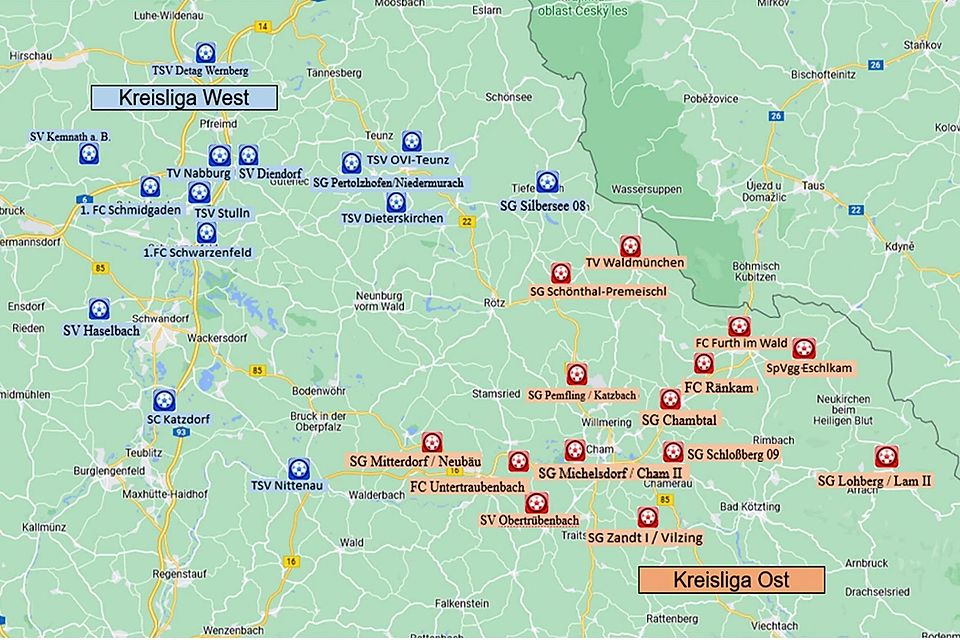 Die Vereine der Kreisliga West sind blau markiert, die der Kreisliga Ost rot. – Grafik: Google Maps/BFV Die Vereine der Kreisliga West sind blau markiert, die der Kreisliga Ost rot. – Grafik: Google Maps/BFV