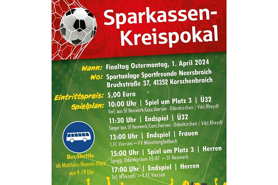 Gleich fünf Spiele in Folge gibt es am Finaltag des Sparkassen-Kreispokals Mönchengladbach-Viersen.