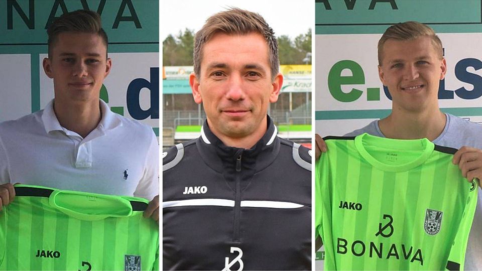 Mateusz Ciapa (l.) und Paul Maurer (r.) haben in Fürstenwalde unterschrieben. Ex-Trainer Meyer (Mitte) ist jetzt offiziell Assistent seines Bruders auf der Auer Trainerbank. 