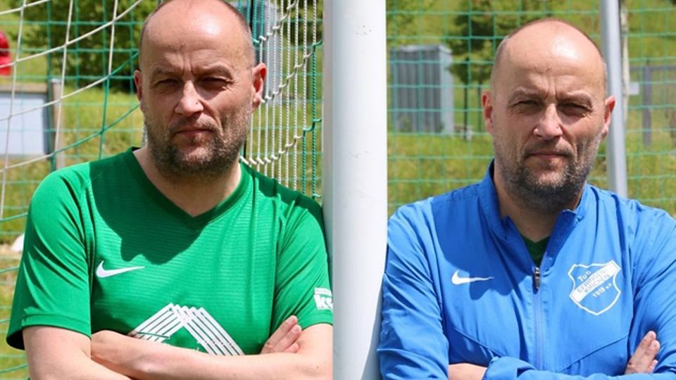 Zwillinge? Zauberei? Nein, nur eine Fotomontage: Harald Wittke links im grünen Dress als Trainer der SG Malsburg-Marzell, rechts im blauen Gewand des TuS Efringen-Kirchen, bei dem er im Vorstand mitwirkt.   | Foto: Privat