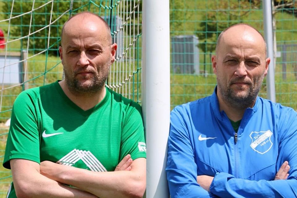 Zwillinge? Zauberei? Nein, nur eine Fotomontage: Harald Wittke links im grünen Dress als Trainer der SG Malsburg-Marzell, rechts im blauen Gewand des TuS Efringen-Kirchen, bei dem er im Vorstand mitwirkt.   | Foto: Privat