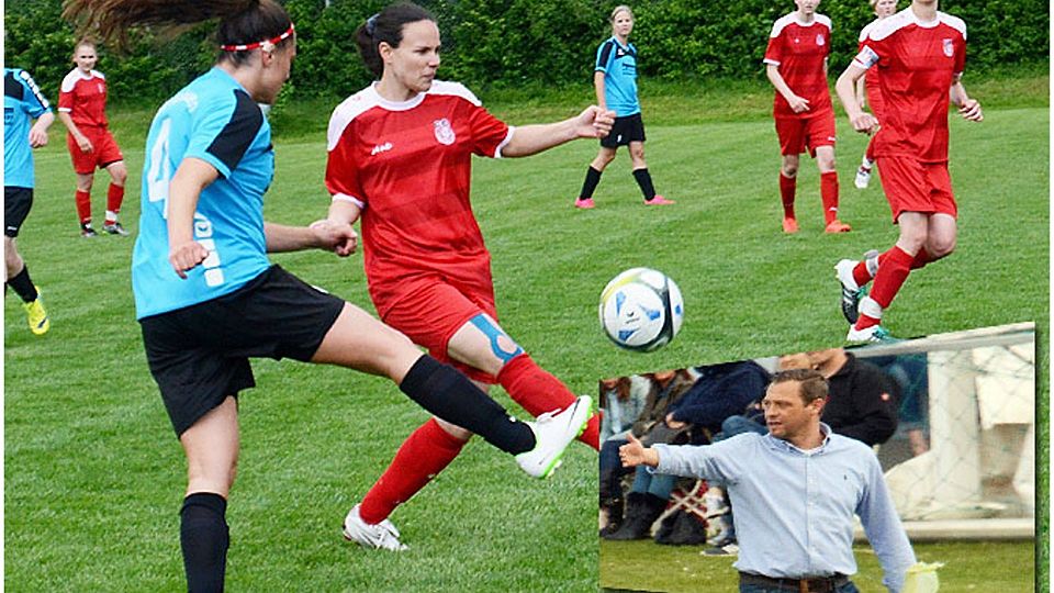 Trainer Michael Fuchs (kleines Bild) dirigierte seine Mädels vom Spielfeldrand, doch trotz allem Engagement zogen die Spielerinnen des FC Königsbrunn (in rot) gegen den SSV Anhausen den Kürzeren und müssen sich mit der Vizemeisterschaft begnügen.   F: Reinhold Radloff