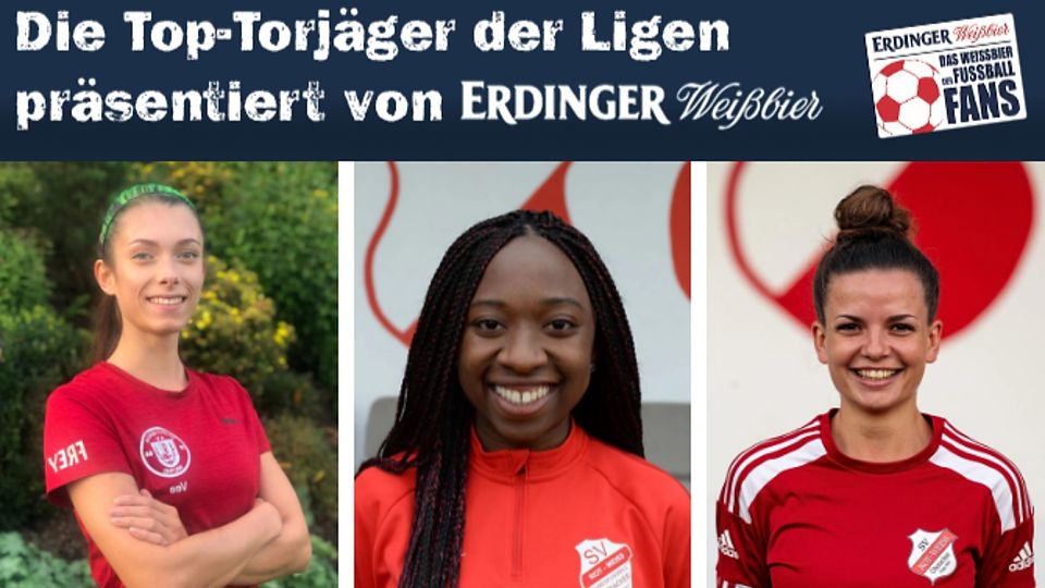 Fridos Tomangbe (m.) hat mit vier Treffern die Pole-Position. Gefolgt wird sie unter anderem von Verena Graf (li.) und Mannschaftskollegin Johanan Draude (re.) mit je drei Treffern.