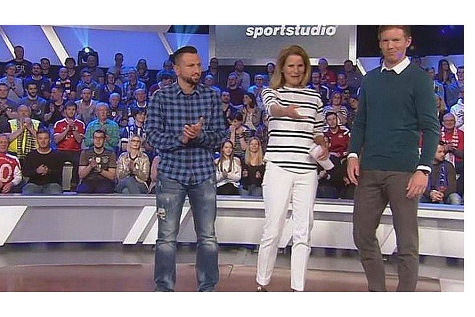 Umut Satilmis (li.) mit Moderatorin Katrin Müller-Hohenstein und Hoffenheims Trainer Julian Nagelsmann. Foto: Screenshot ZDF-Mediathek
