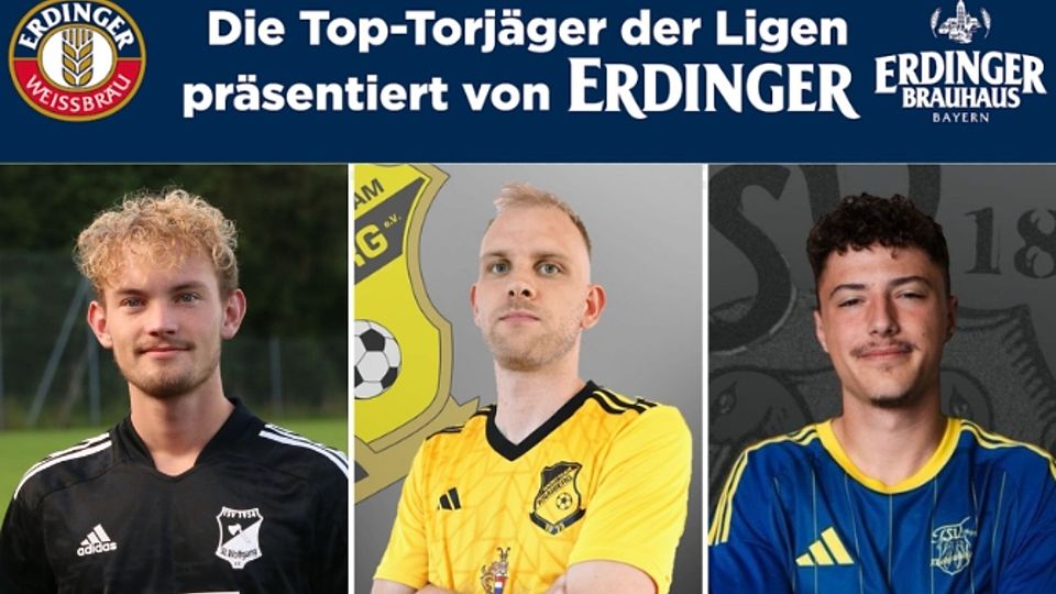 Die Top Torschützen der A-Klassen Donau/Isar:Henry Gabriel (mi.), Manuel Grundner (li.), Justin Eberl – Foto: Fupa