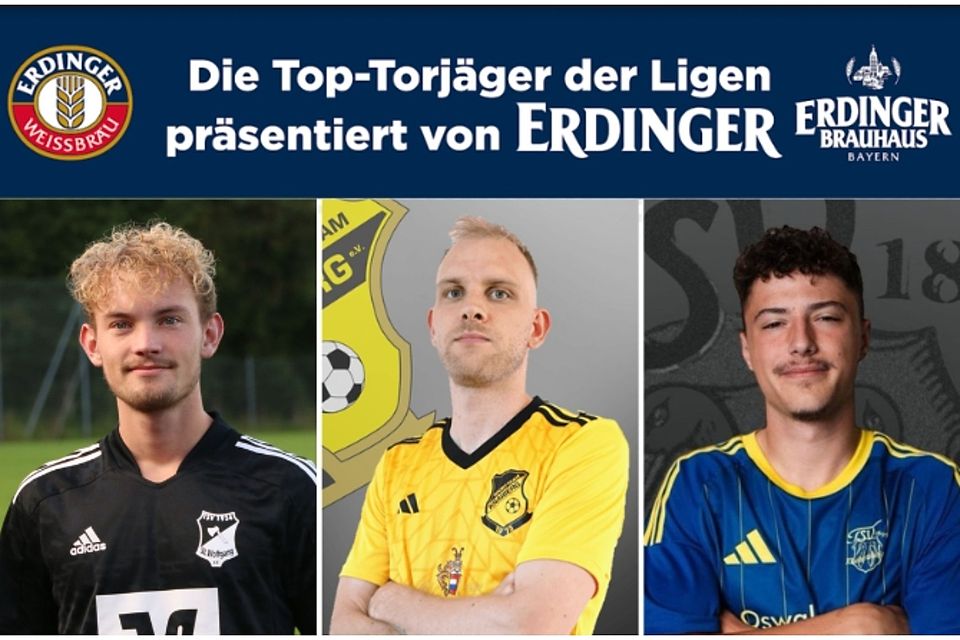 Die Top Torschützen der A-Klassen Donau/Isar:Henry Gabriel (mi.), Manuel Grundner (li.), Justin Eberl – Foto: Fupa