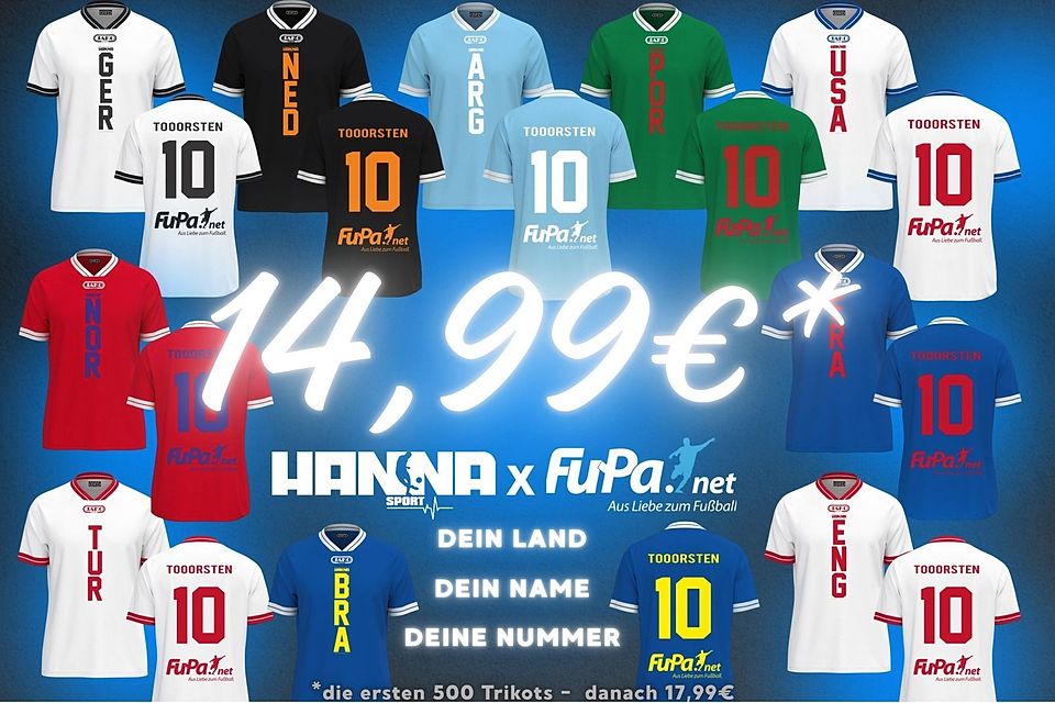 Für weniger als 15 Euro erhaltet ihr Euer individuelles Trikot mit FuPa-Logo. 