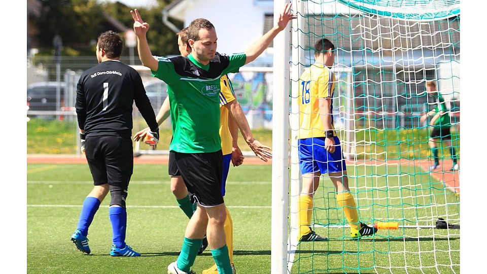 Daniel Meier feiert seinen Führungstreffer und muss sich dennoch mit einem Punkt begnügen. Der TSV Armsheim II kam gegen TuS Dorn-Dürkheim nicht über ein 1:1 hinaus. F: Wolff