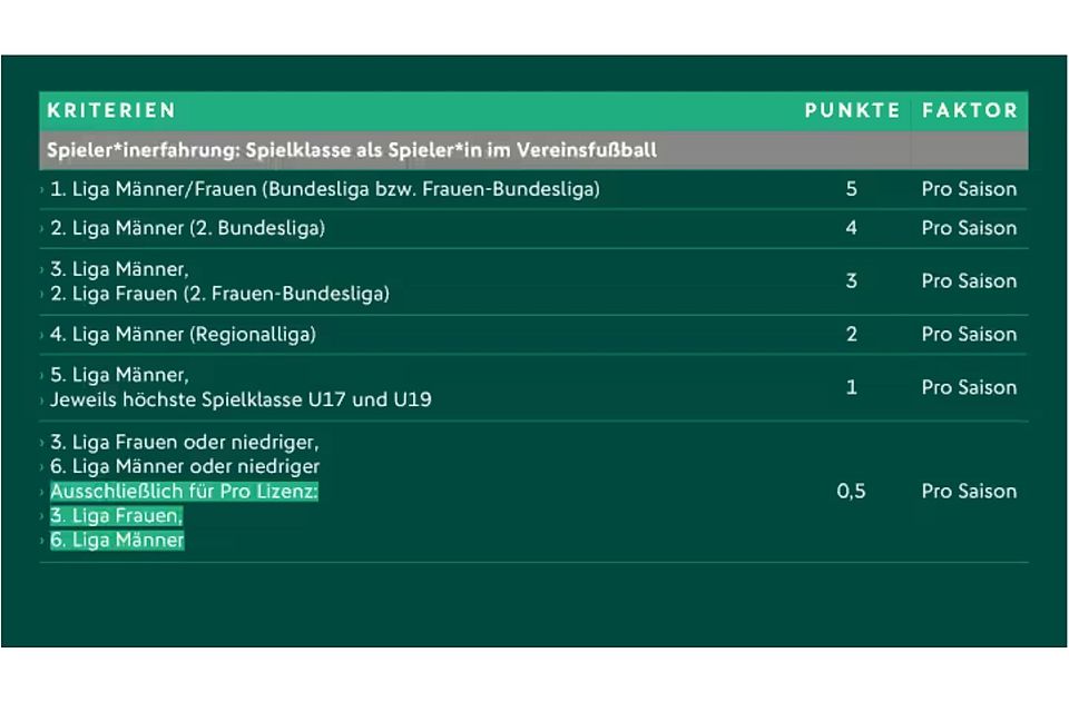 Ein Auszug des Punktesystems des DFB. Ein Auszug des Punktesystems des DFB.