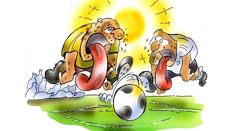 Am heißesten Wochenende des Jahres war Fußball spielen alles andere als ein Vergnügen. 	Karikatur: Heinrich Schwarze-Blanke