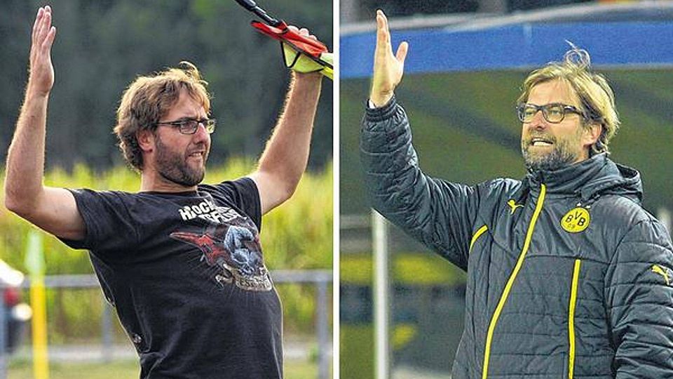 Brüder? Nein, Härtsfelds Frauen-Coach Markus Voitl (links) und Fußballlehrer Jürgen Klopp (rechts, hier noch im Outfit seines alten Arbeitgebers) sind nicht verwandt - könnten es optisch aber sein. Bilder: Sabrina Balzer/Eibner