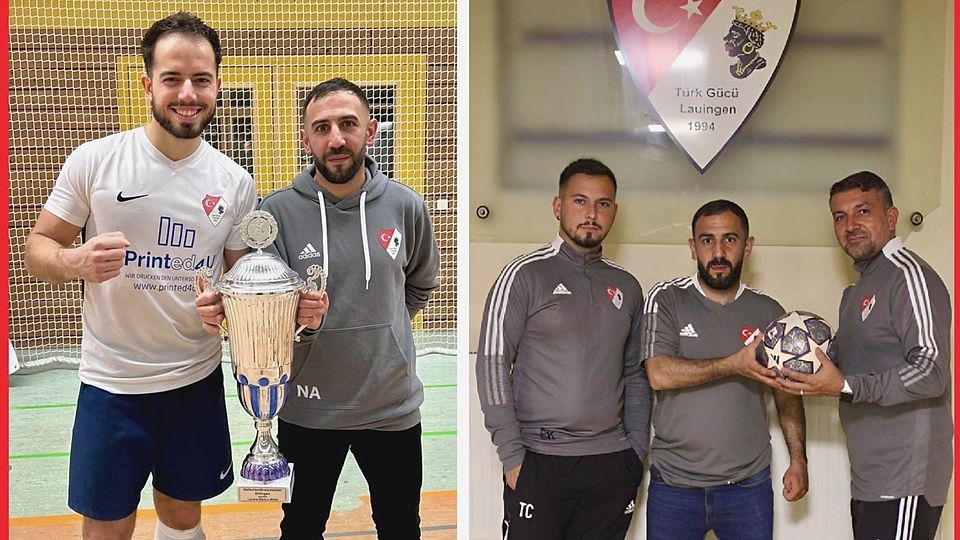 In der linken Hälfte posiert das Erfolgsduo Sahin Tasdelen (links) und Nuh Arslan (rechts) mit der Hallenkreismeistertrophäe. Im rechten Bild übergibt Arslan bei der TG Lauingen das Traineramt Sezgin Er (rechts). Links daneben der neue Co-Trainer Timur Cukur.