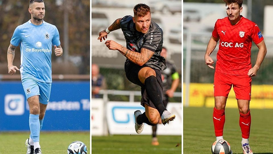 Alexander Benede (r.) kann mit 1860 II nur aufsteigen, wenn die Erste in die 2. Bundesliga aufsteigt. Maxi Berwein (M.) und der TSV Landsberg haben 15 Punkte Rückstand auf die Tabellenspitze. Meister Erlbach und Christopher Obermeier (r.) konnten letzte Saison die Auflagen für die Regionalliga nicht erfüllen.