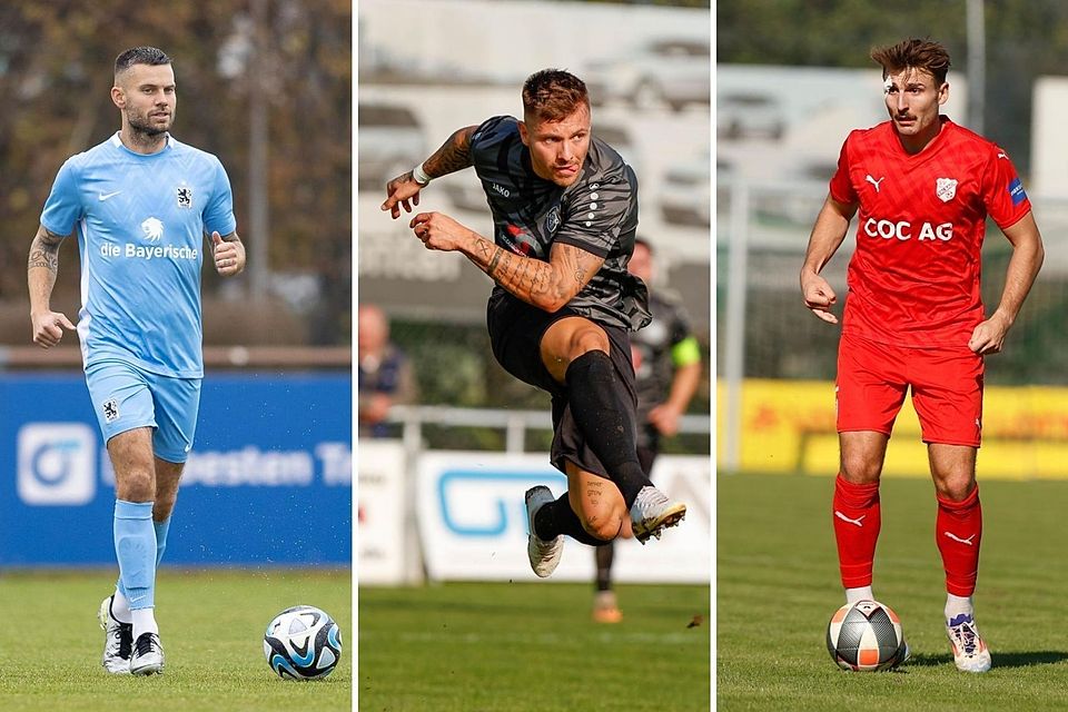 Alexander Benede (r.) kann mit 1860 II nur aufsteigen, wenn die Erste in die 2. Bundesliga aufsteigt. Maxi Berwein (M.) und der TSV Landsberg haben 15 Punkte Rückstand auf die Tabellenspitze. Meister Erlbach und Christopher Obermeier (r.) konnten letzte Saison die Auflagen für die Regionalliga nicht erfüllen.