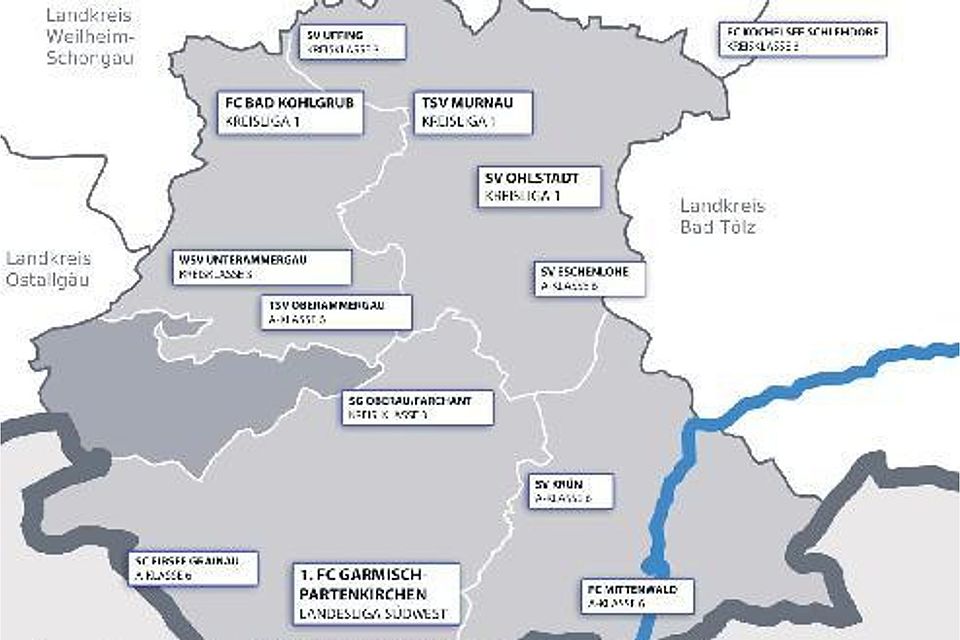 Die Fußball-Landkarte für den Landkreis Garmisch-Partenkirchen: Die Ersten Mannschaften und ihre Spielklassen auf einen Blick.