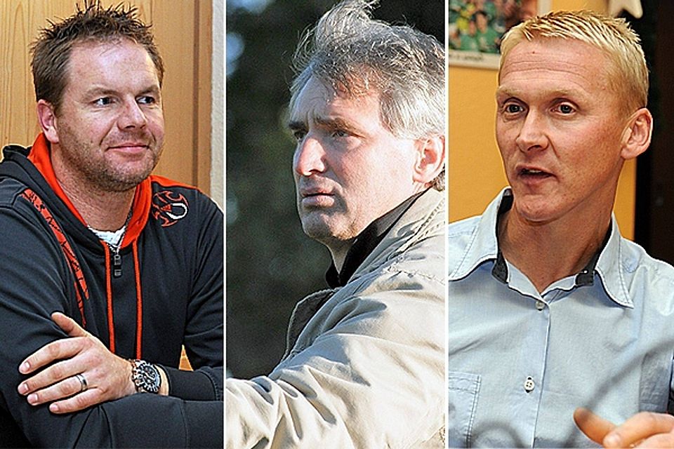 Christian Endler (v.li. - SpVgg Landshut), Ilija Dzepina (SSV Jahn II) und Mario Tanzer (SV Schalding) streiten sich um die Regionalliga-Relegationsplätze. Montage: FuPa