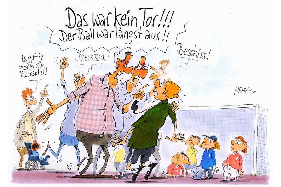 Oft sind es die Eltern, die Unruhe und Aggression auf den Sportplatz bringen. Karikatur: Gerhard Mester