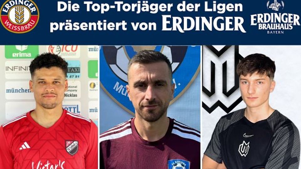 Der Titelverteidiger ist wieder an der Spitze: Shqipdon Ademi (m.) führt die Torjägerliste der Münchner Kreisligisten vor Luan da Costa Barros (l.) und Lorenz Weber (r.) an.