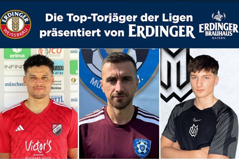 Der Titelverteidiger ist wieder an der Spitze: Shqipdon Ademi (m.) führt die Torjägerliste der Münchner Kreisligisten vor Luan da Costa Barros (l.) und Lorenz Weber (r.) an. Der Titelverteidiger ist wieder an der Spitze: Shqipdon Ademi (m.) führt die Torjägerliste der Münchner Kreisligisten vor Luan da Costa Barros (l.) und Lorenz Weber (r.) an.