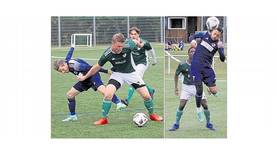 Intensive Zweikämpfe gab es einige beim Bezirksliga-Duell zwischen dem TuS Hackenheim und der SG Guldenbachtal. Links: Daniel Zuck hält Tim Hulsey auf Distanz. Rechts: Arash Sadeghi ist mit dem Kopf vor Abdul Lateef Alli am Ball. 	Fotos: Mario Luge
