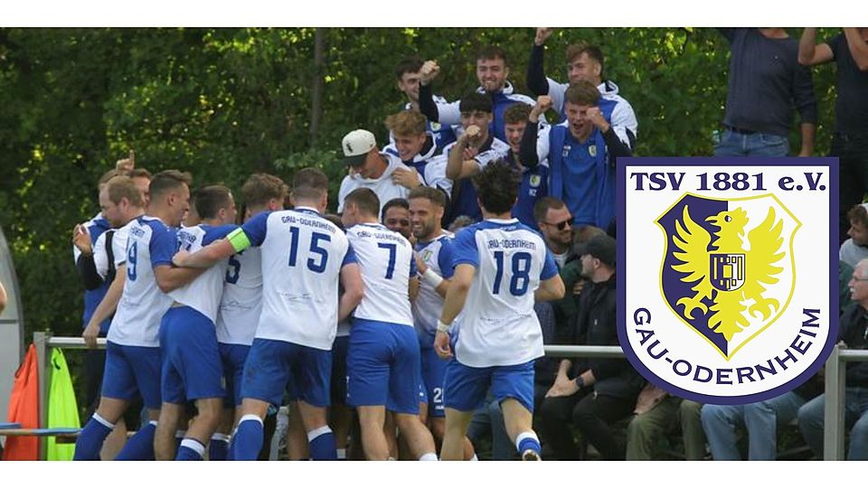 Kollektiver Jubel, grandiose Saison: Die Spieler des TSV Gau-Odernheim bejubeln einen Treffer im Oberligaduell gegen Wormatia Worms. Als punktgleiche Tabellennachbarn (beide 48 Punkte) beenden die beiden Kontrahenten die Spielzeit. Archivfoto: Axel Schmitz/pakalski-press