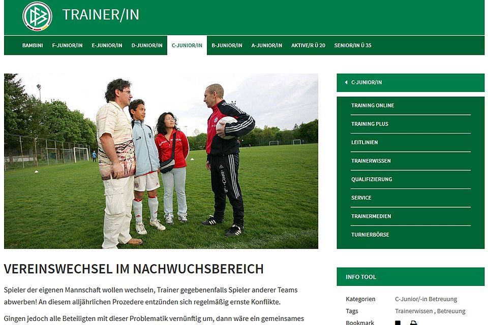 Der Deutsche Fußball-Bund gibt auf seiner Internetseite Empfehlungen für Trainer, wie man sich bei Vereinswechseln im Nachwuchsbereich fair verhalten kann.  © Screenshot