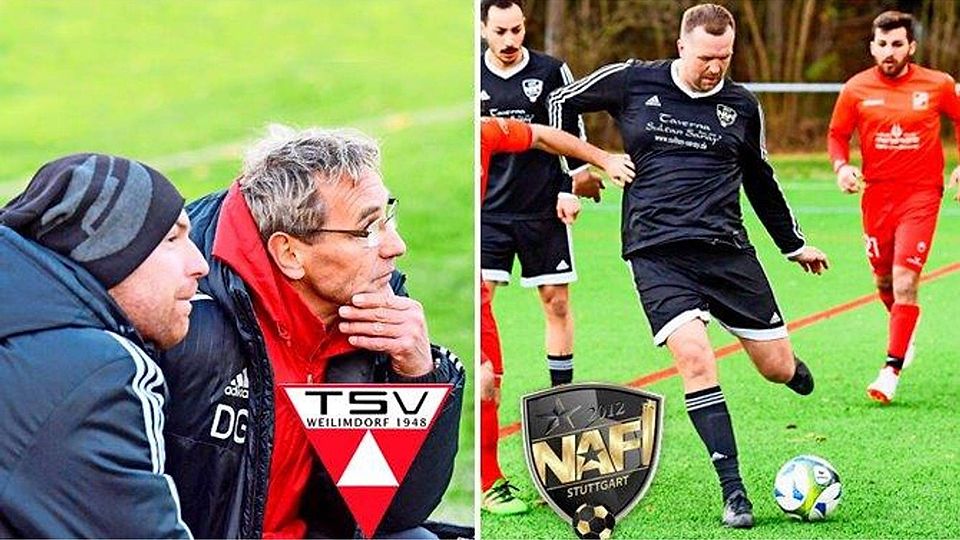 Stehen vor dem Derby im Mittelpunkt: Weilimdorfs Trainer Daniel Goss (li.), der Sportliche Leiter Manfred Porubek (zweiter von links) und N.A.F.I.-Spielertrainer Damir Bosnjak (re.). Foto: Tom Bloch