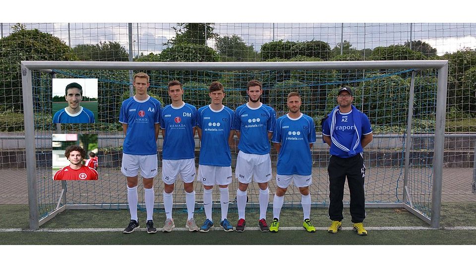 V. l. n. r.: Andre Abel, Daniel Markifka, Carsten Diehl, Niclas Höhner, Dominik Stritter, Trainer Andreas Zeller. In den eingefügten Bildern oben Christian Gorges, unten Jan Strützel. Foto: Essenheim.