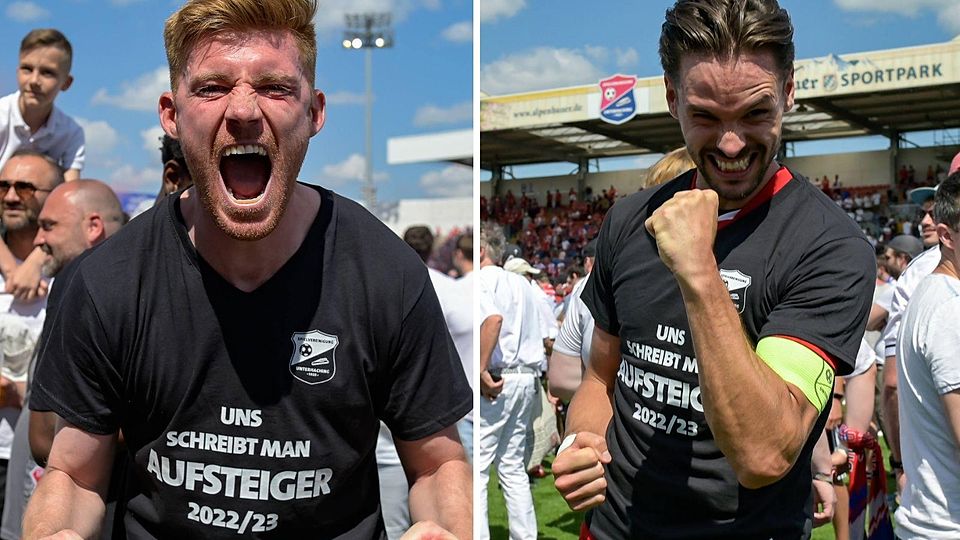 Mathias Fetsch (l.) und Josef Welzmüller (r.) feiern den 3. Liga-Aufstieg mit der SpVgg Unterhaching.