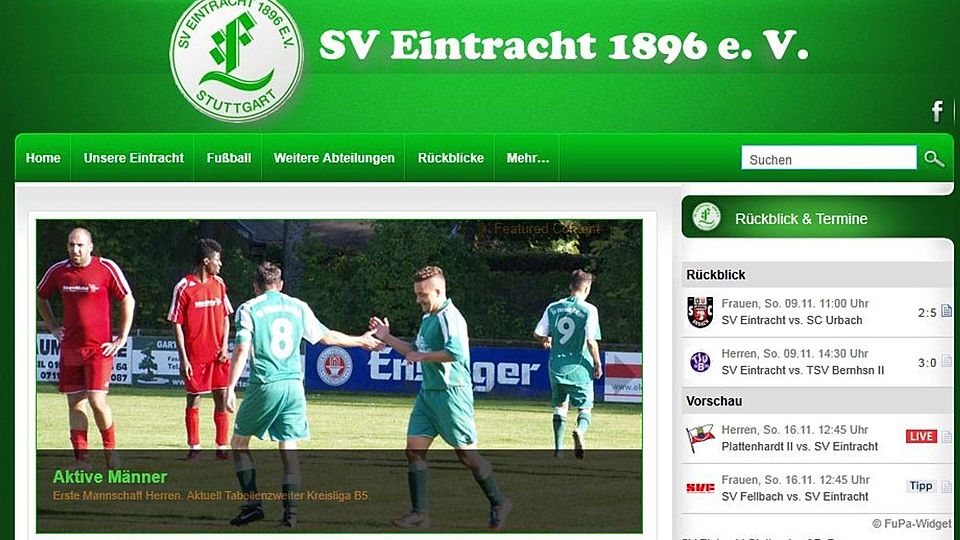 Die Homepage des SV Eintracht Stuttgart mit vielen Widgets von FuPa. Foto: Screenshot