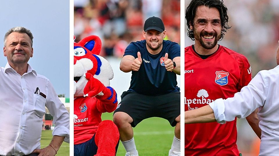 Glückliches Haching-Trio nach der Pokal-Überraschung: Präsident Manfred Schwabl (l.), Trainer Marc Unterberger (m.) und Sohn und Sportdirektor Markus Schwabl (r.).